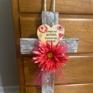 Rustic Wooden Cross with Pink Flower Accent